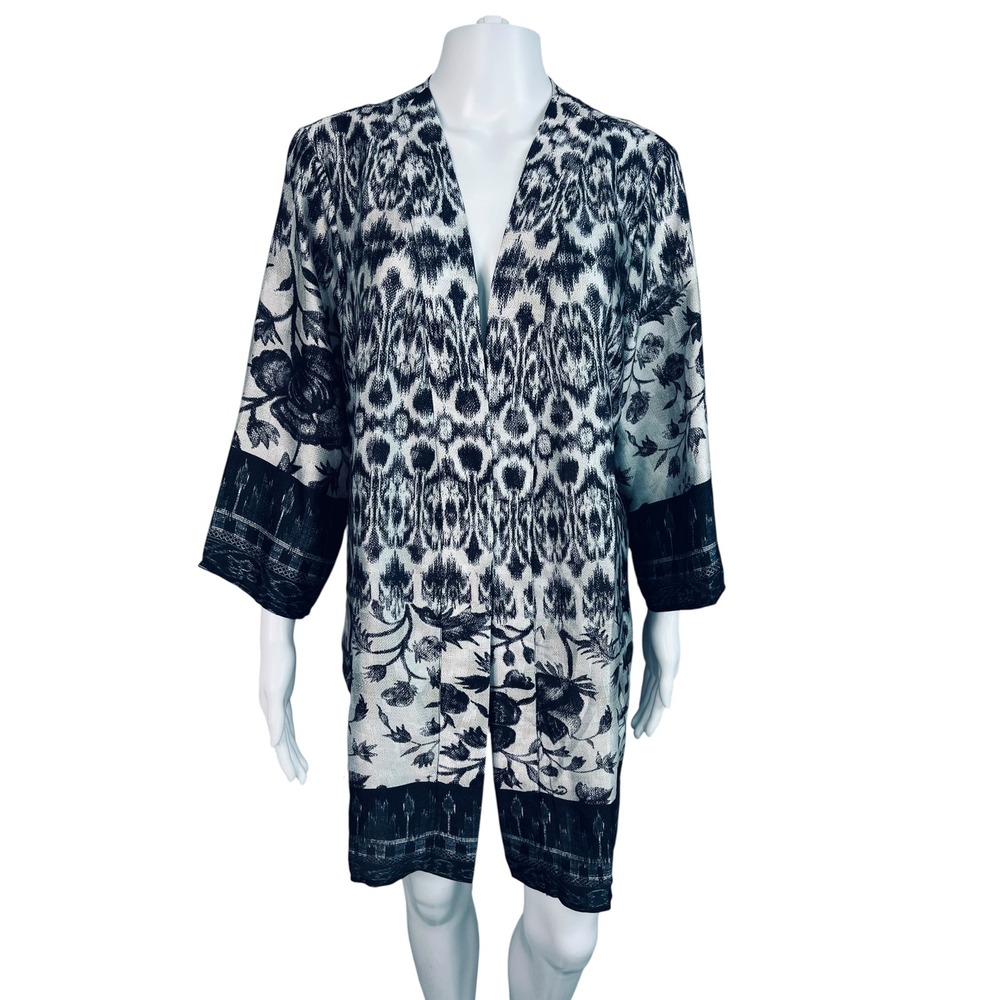 Susan Graver Womens Black White Ikat Floral Open Front Satin Kimono Size S